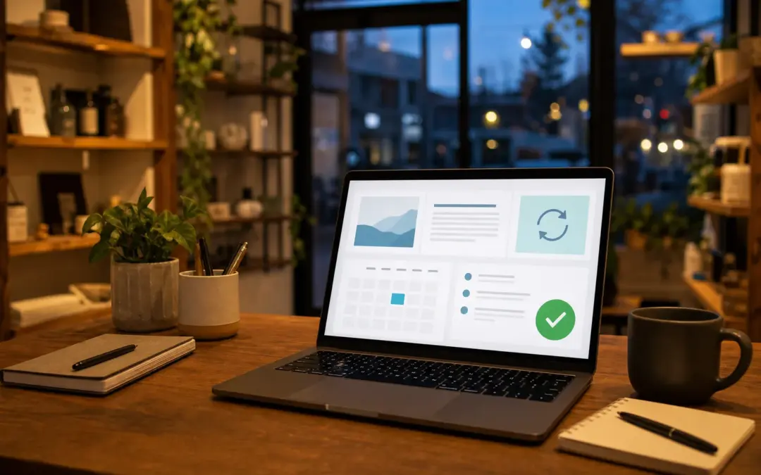 Small-business website update dashboard on a laptop in a warm workspace