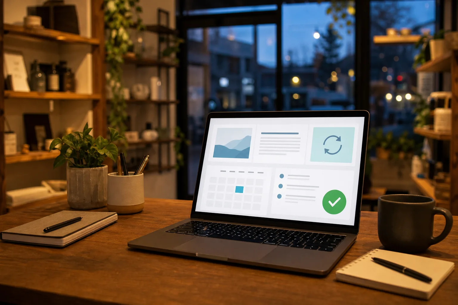Small-business website update dashboard on a laptop in a warm workspace