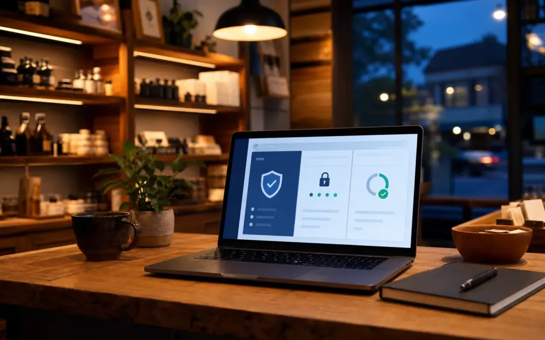 Small-business website security dashboard on a laptop in a welcoming workspace