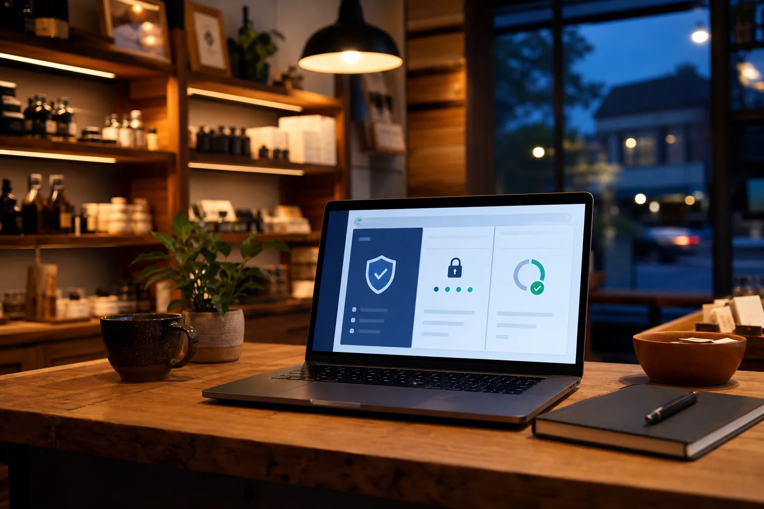 Small-business website security dashboard on a laptop in a welcoming workspace